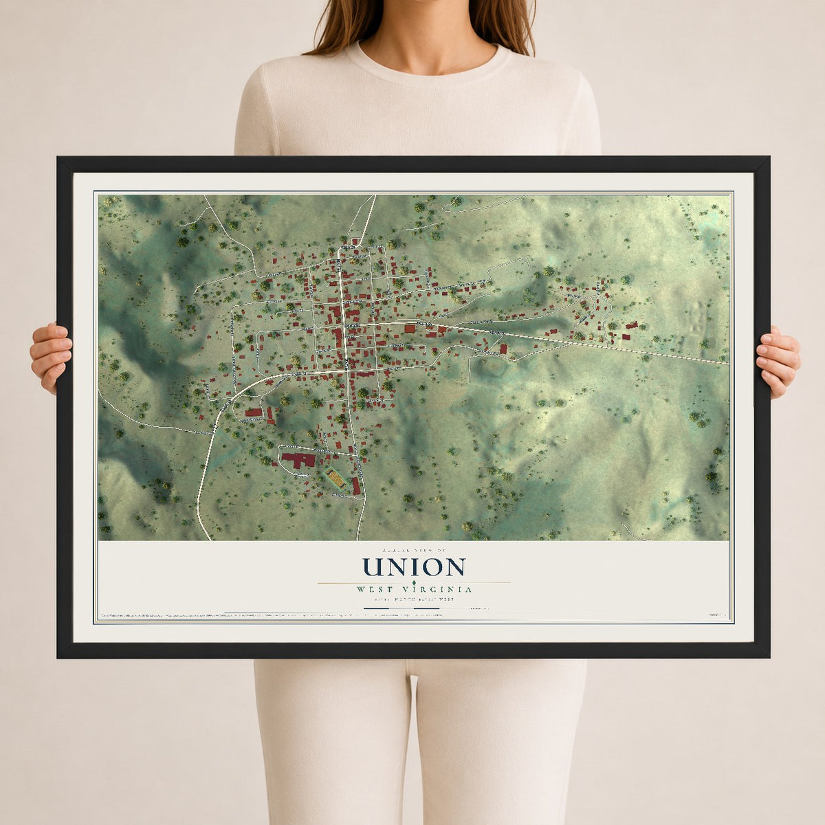 Map of Union, West Virginia, 24 x 36 inch print in a black wood frame