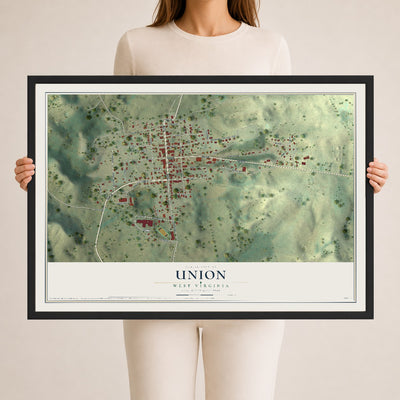 Map of Union, West Virginia, 24 x 36 inch print in a black wood frame
