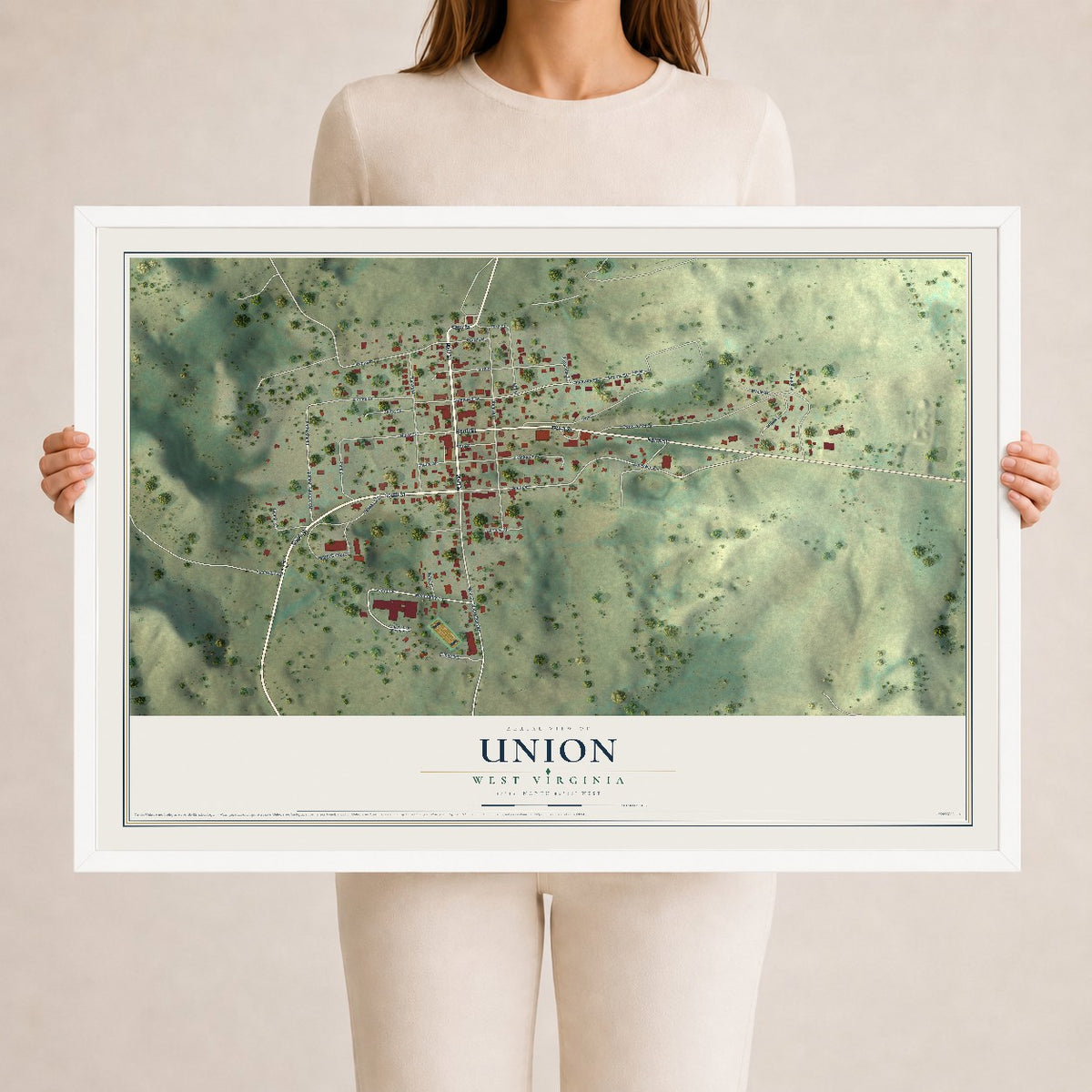 Map of Union, West Virginia, 24 x 36 inch print in a white wood frame