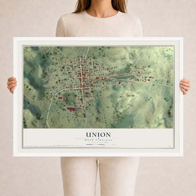 Map of Union, West Virginia, 24 x 36 inch print in a white wood frame