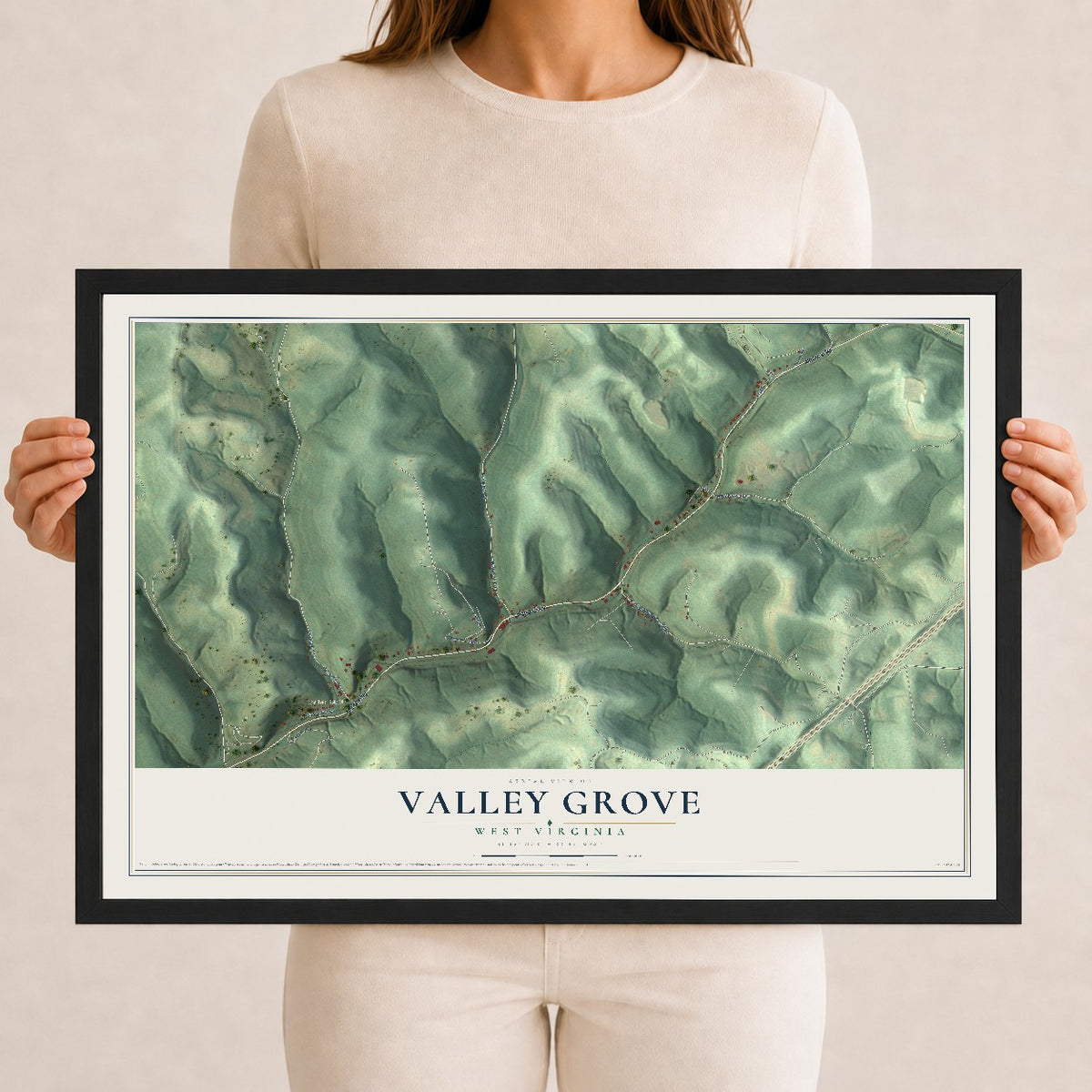 Map of Valley Grove, West Virginia, 12 x 18 inch print in a black wood frame