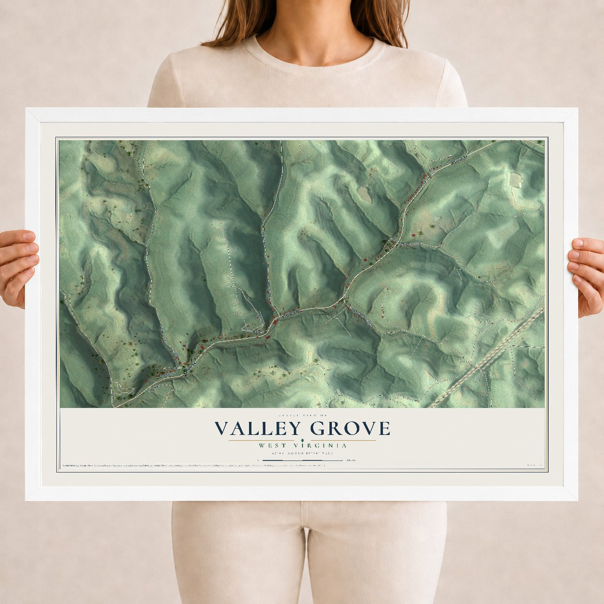 Map of Valley Grove, West Virginia, 18 x 24 inch print in a white wood frame