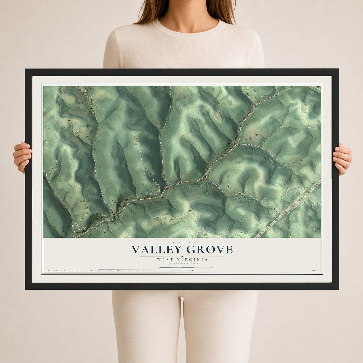 Map of Valley Grove, West Virginia, 24 x 36 inch print in a black wood frame