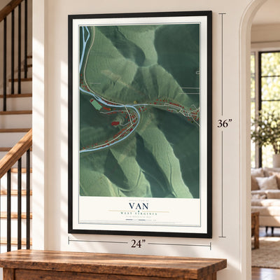Van, West Virginia map, 24 x 36 inch print in a black frame by a staircase
