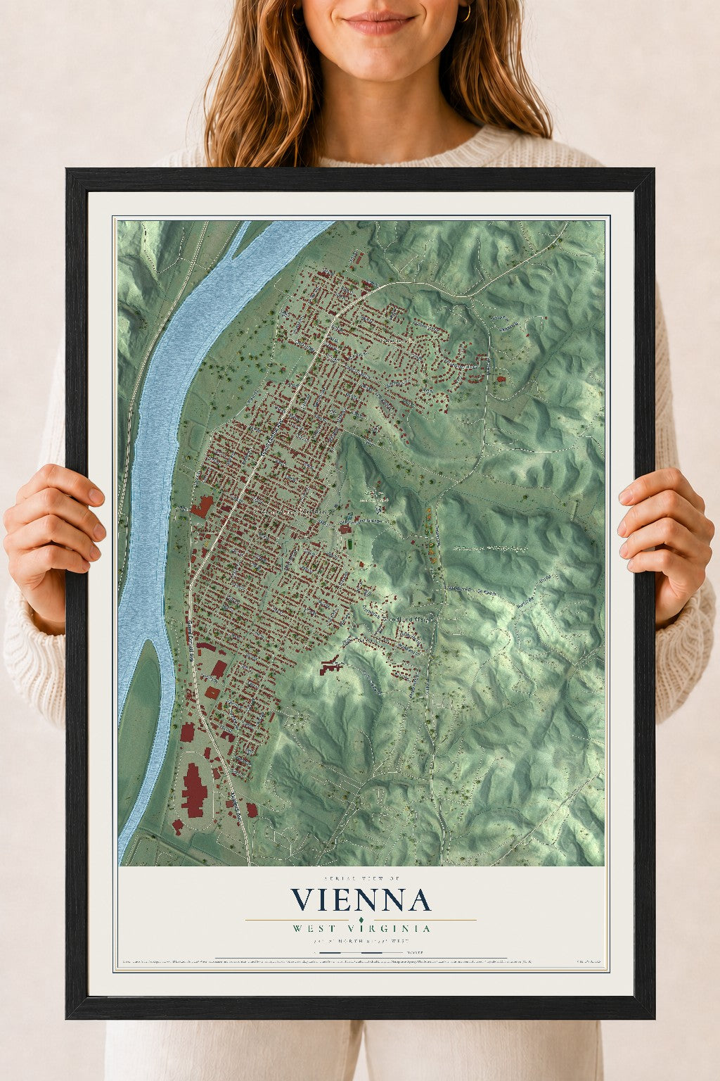 Map of Vienna, West Virginia, 18 x 24 inch print in a black wood frame