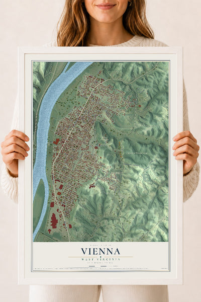 Map of Vienna, West Virginia, 18 x 24 inch print in a white wood frame