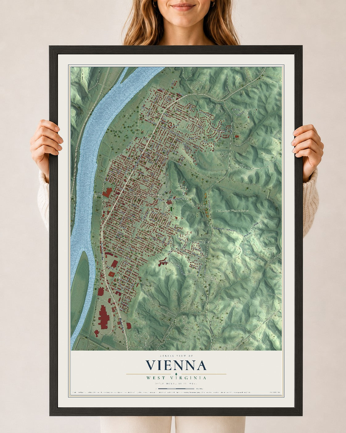 Map of Vienna, West Virginia, 24 x 36 inch print in a black wood frame