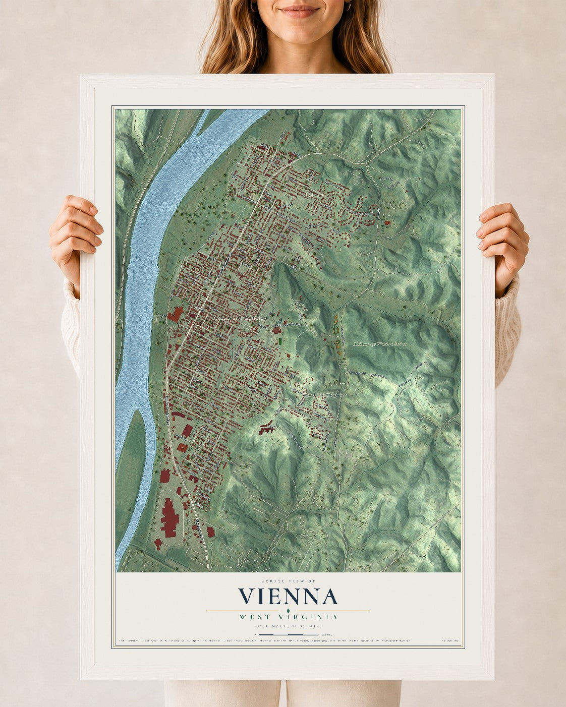Map of Vienna, West Virginia, 24 x 36 inch print in a white wood frame