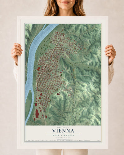 Map of Vienna, West Virginia, 24 x 36 inch print in a white wood frame
