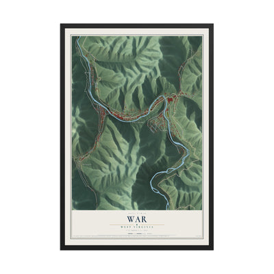 Map of War, West Virginia, 12 x 18 inch print in a black wood frame