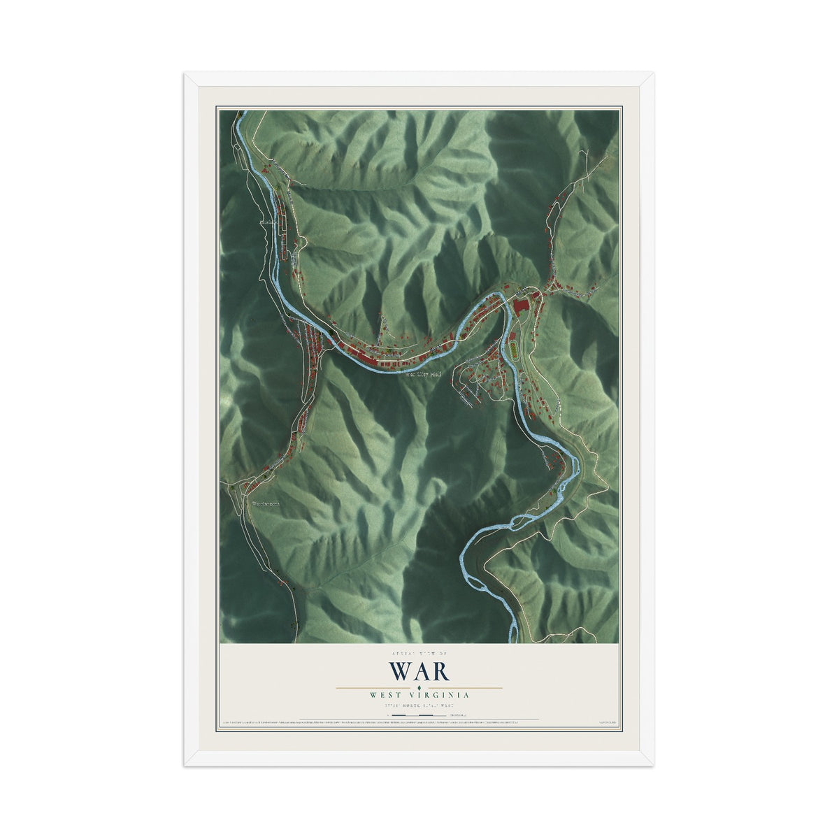 Map of War, West Virginia, 12 x 18 inch print in a white wood frame