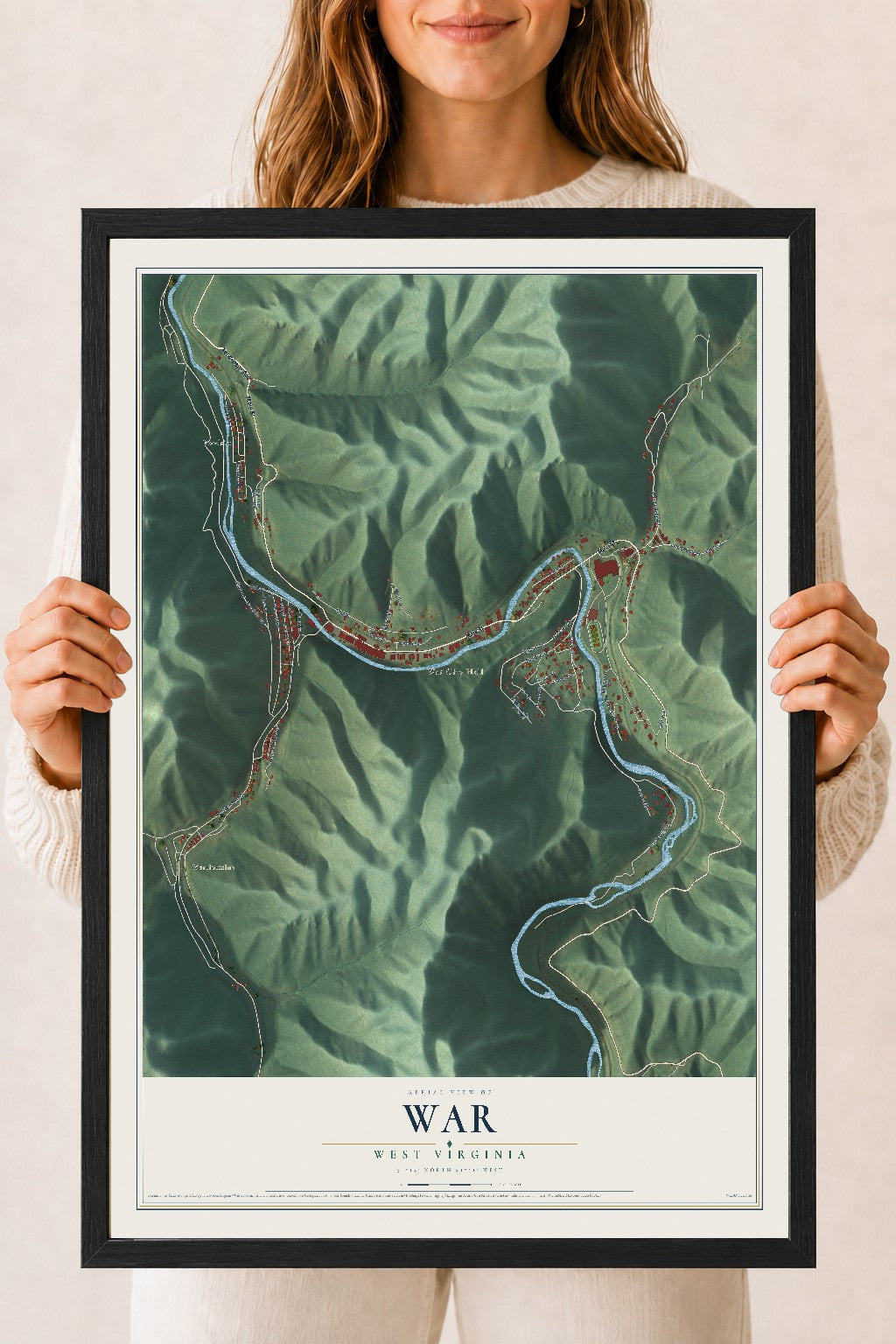 Map of War, West Virginia, 18 x 24 inch print in a black wood frame