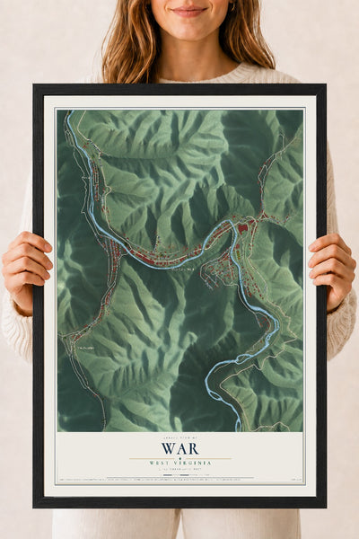 Map of War, West Virginia, 18 x 24 inch print in a black wood frame