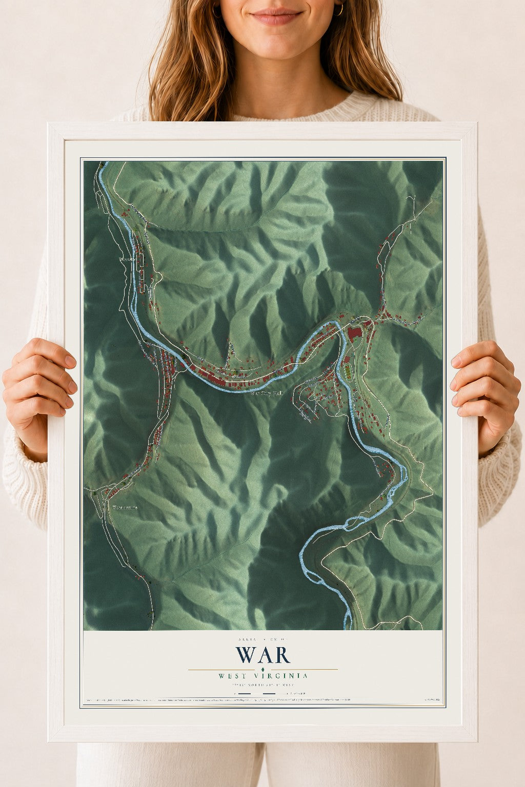 Map of War, West Virginia, 18 x 24 inch print in a white wood frame