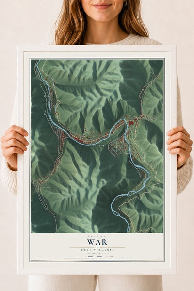 Map of War, West Virginia, 18 x 24 inch print in a white wood frame