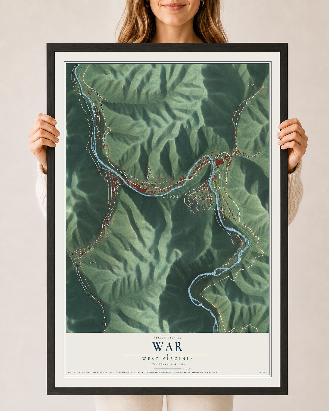 Map of War, West Virginia, 24 x 36 inch print in a black wood frame