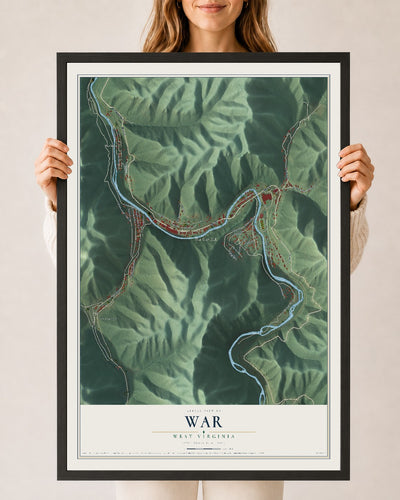 Map of War, West Virginia, 24 x 36 inch print in a black wood frame