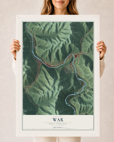 Map of War, West Virginia, 24 x 36 inch print in a white wood frame