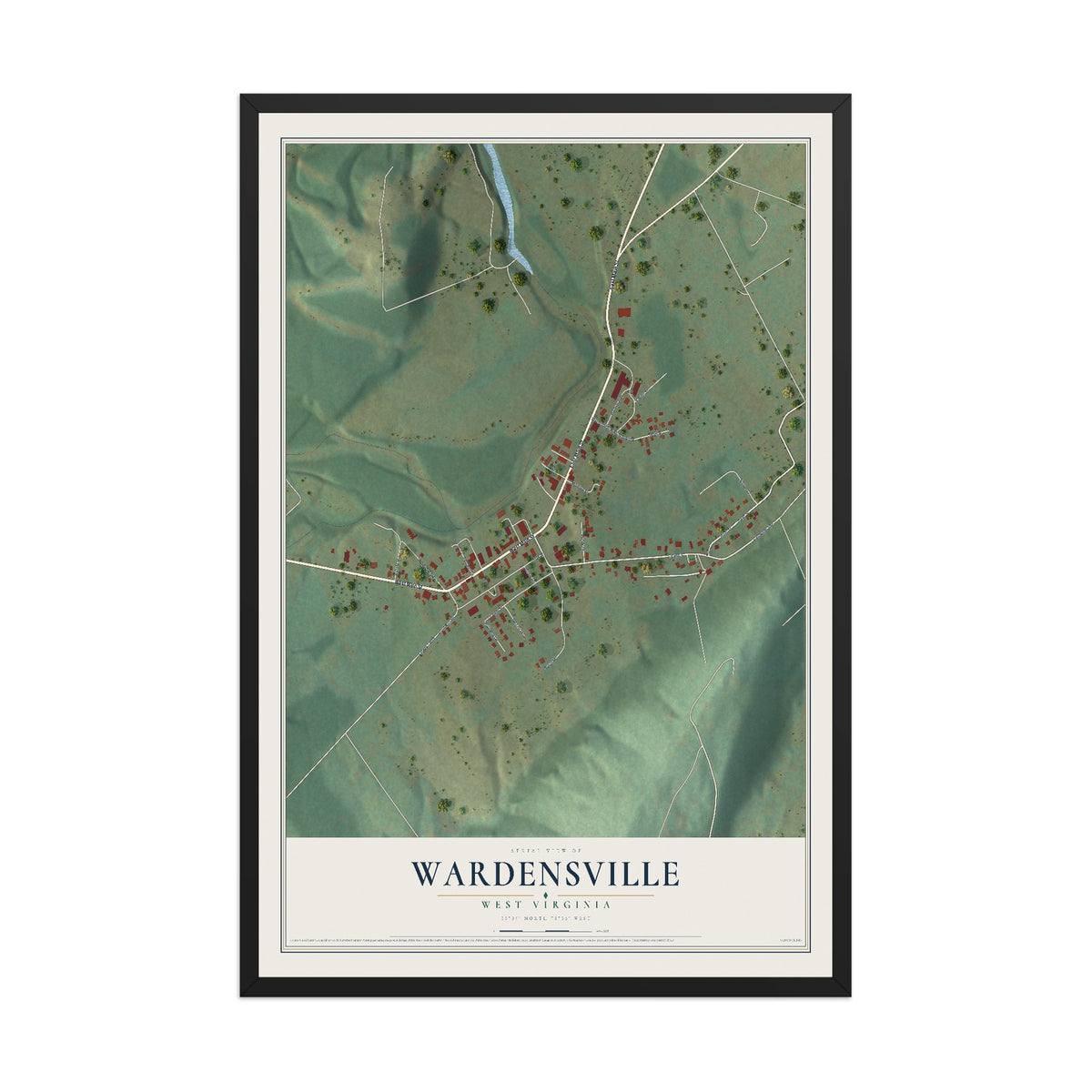 Map of Wardensville, West Virginia, 12 x 18 inch print in a black wood frame
