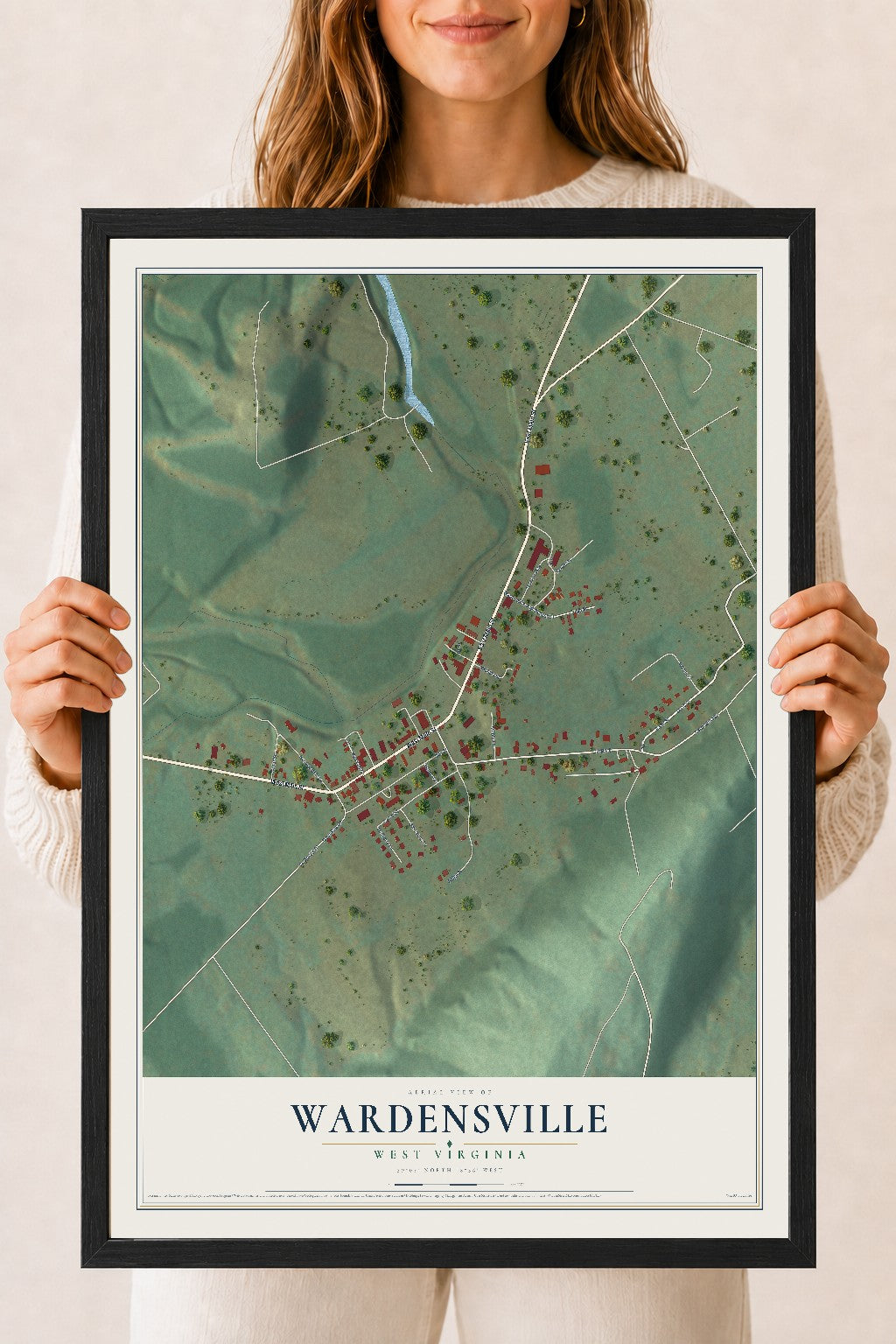 Map of Wardensville, West Virginia, 18 x 24 inch print in a black wood frame