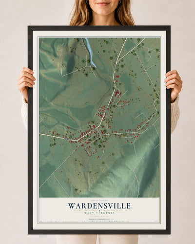Map of Wardensville, West Virginia, 24 x 36 inch print in a black wood frame
