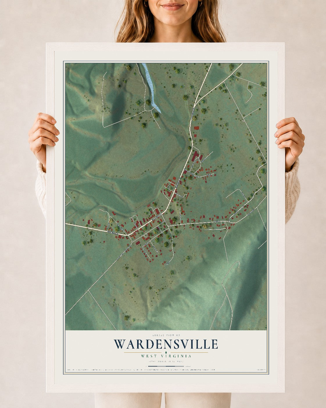 Map of Wardensville, West Virginia, 24 x 36 inch print in a white wood frame