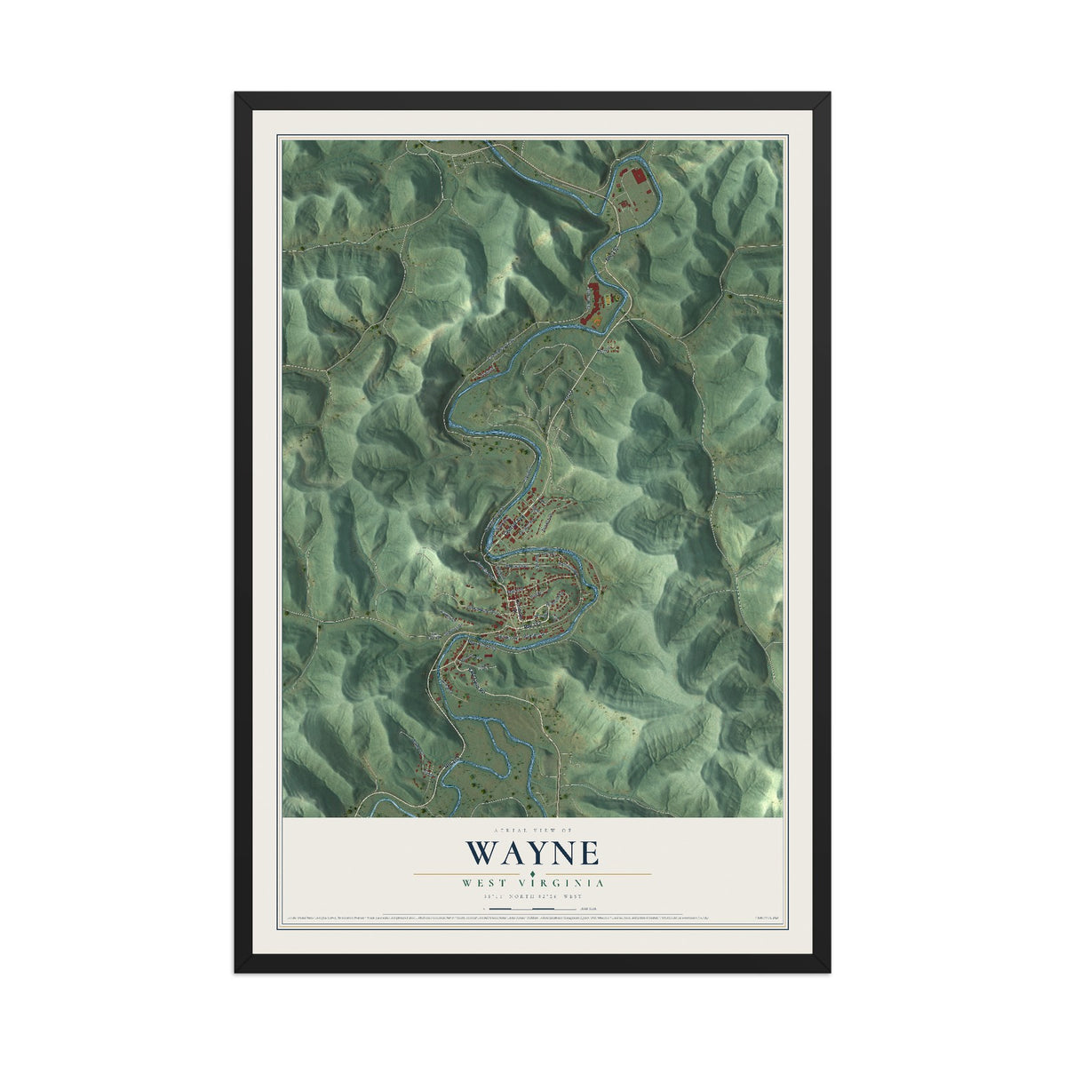 Map of Wayne, West Virginia, 12 x 18 inch print in a black wood frame