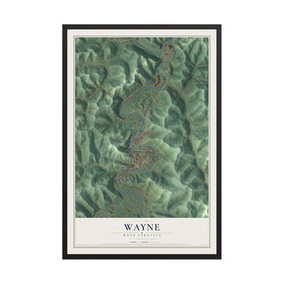 Map of Wayne, West Virginia, 12 x 18 inch print in a black wood frame