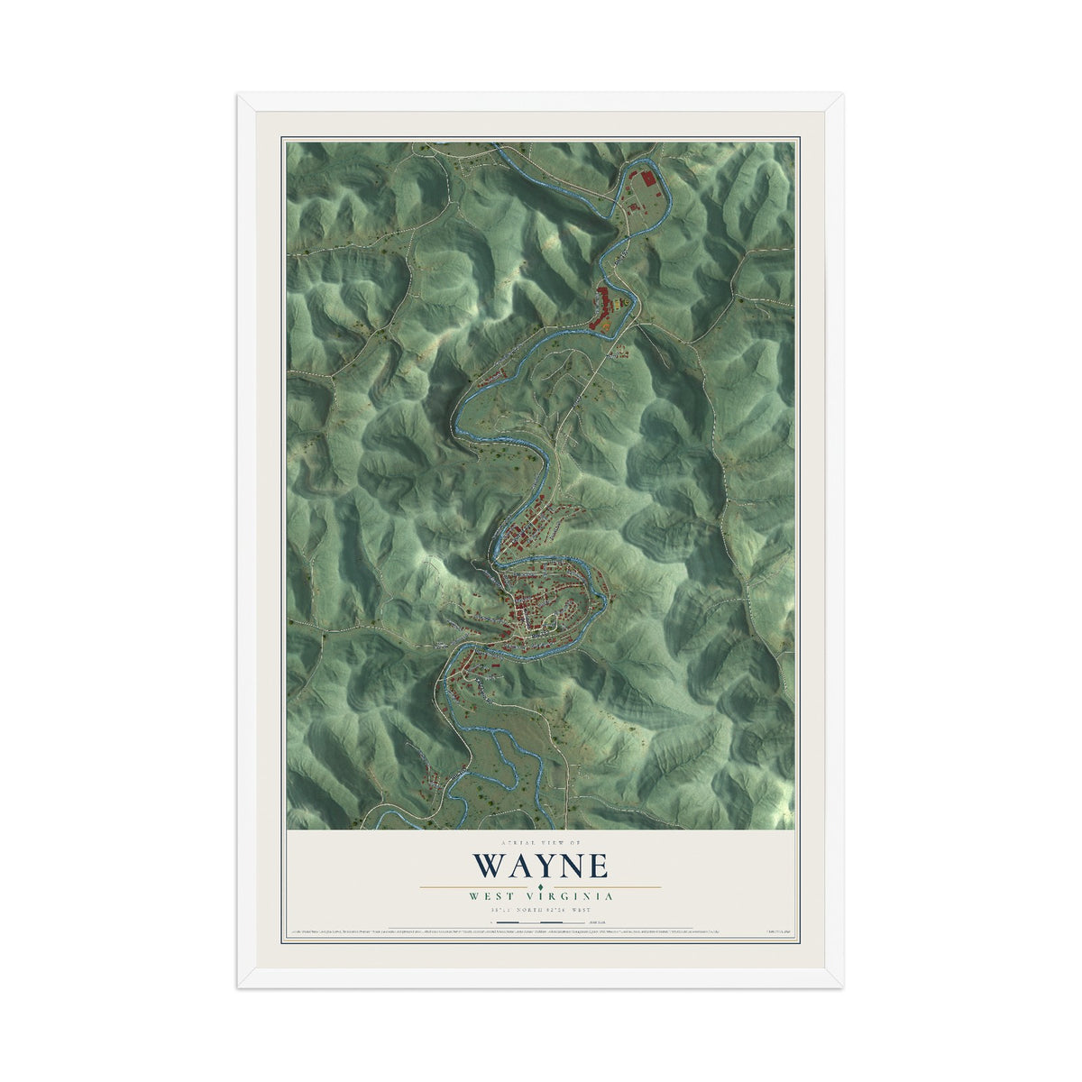 Map of Wayne, West Virginia, 12 x 18 inch print in a white wood frame