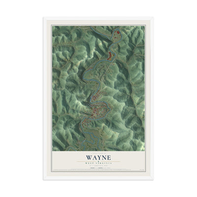 Map of Wayne, West Virginia, 12 x 18 inch print in a white wood frame