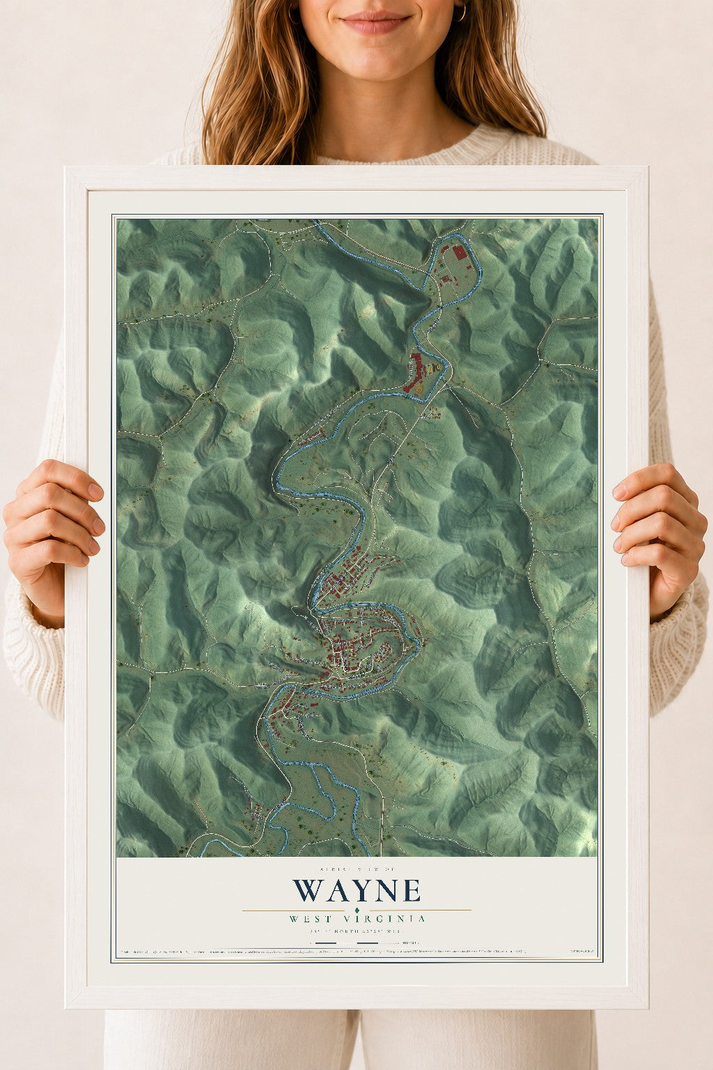 Map of Wayne, West Virginia, 18 x 24 inch print in a white wood frame