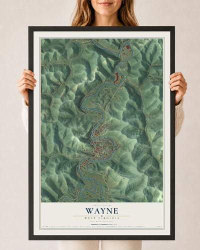 Map of Wayne, West Virginia, 24 x 36 inch print in a black wood frame