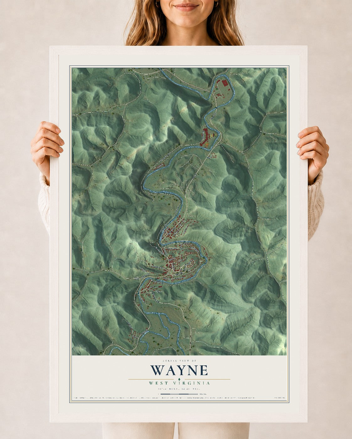 Map of Wayne, West Virginia, 24 x 36 inch print in a white wood frame
