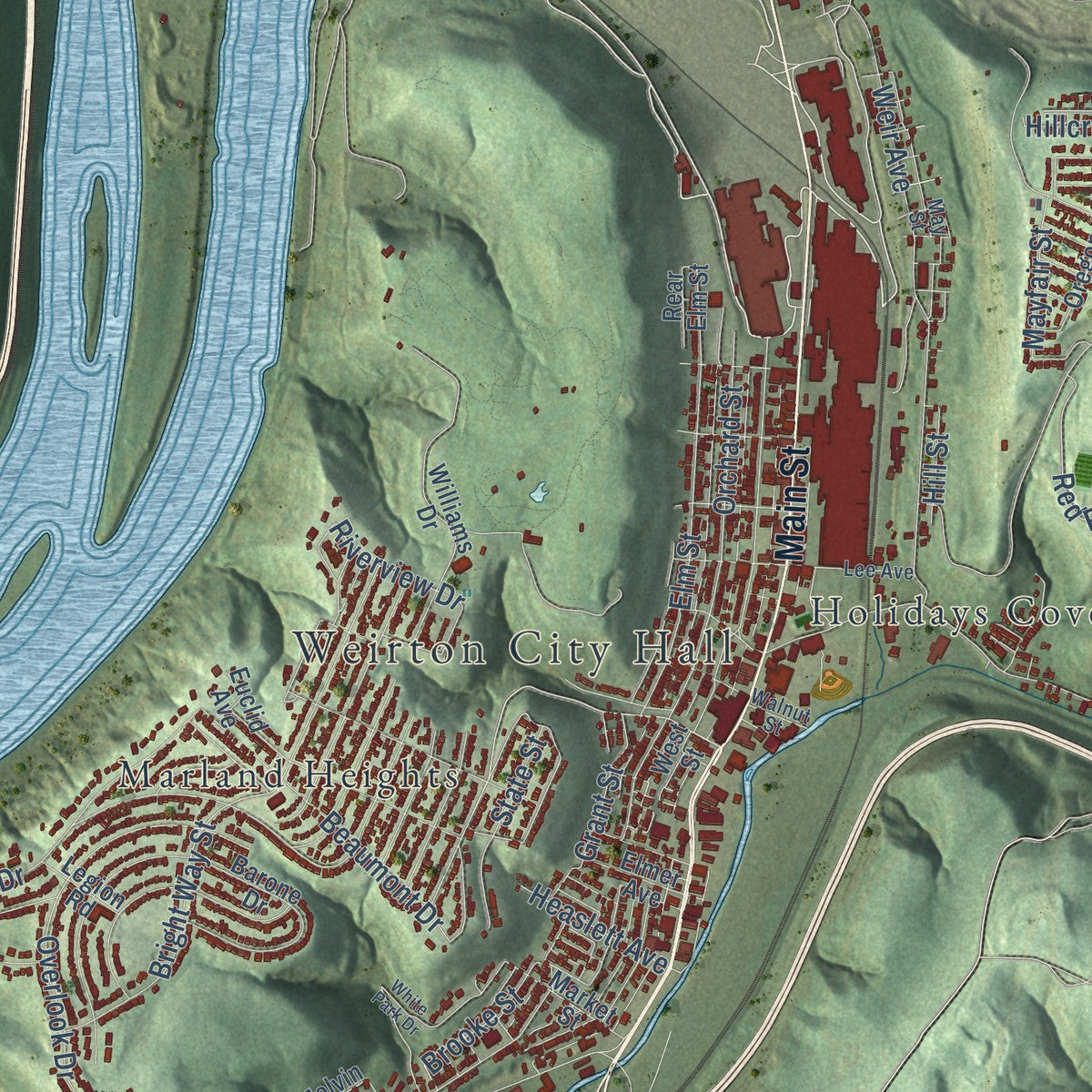 Second close-up of the map of Weirton, West Virginia print showing more streets and buildings