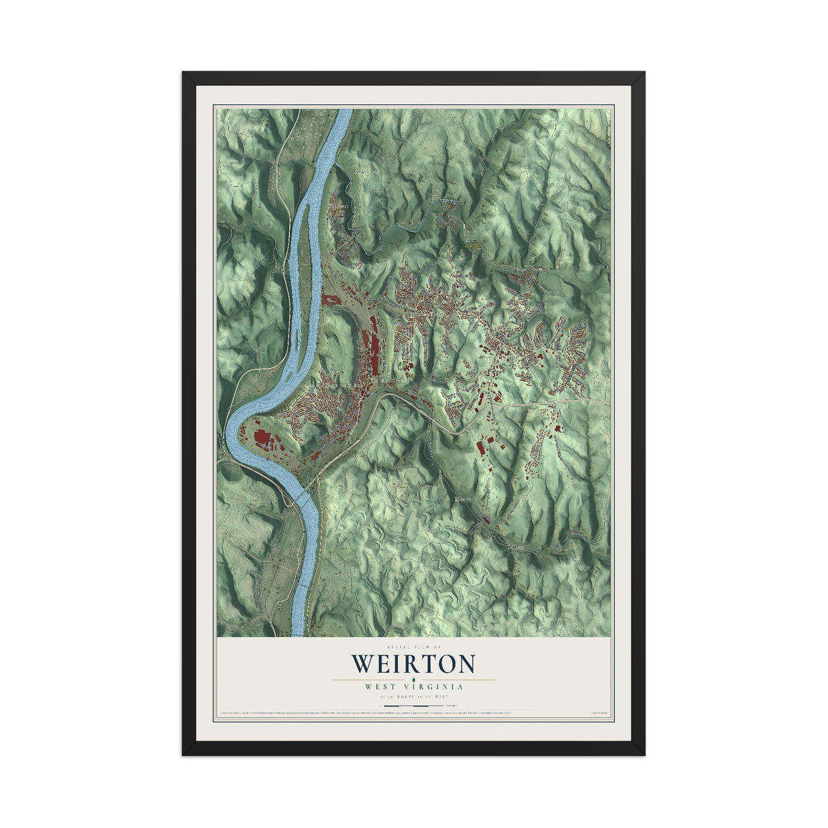 Map of Weirton, West Virginia, 12 x 18 inch print in a black wood frame