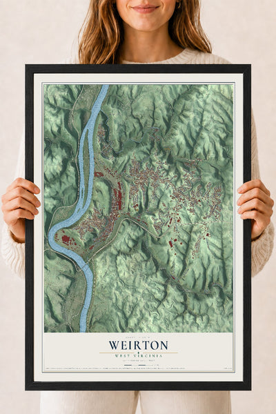Map of Weirton, West Virginia, 18 x 24 inch print in a black wood frame