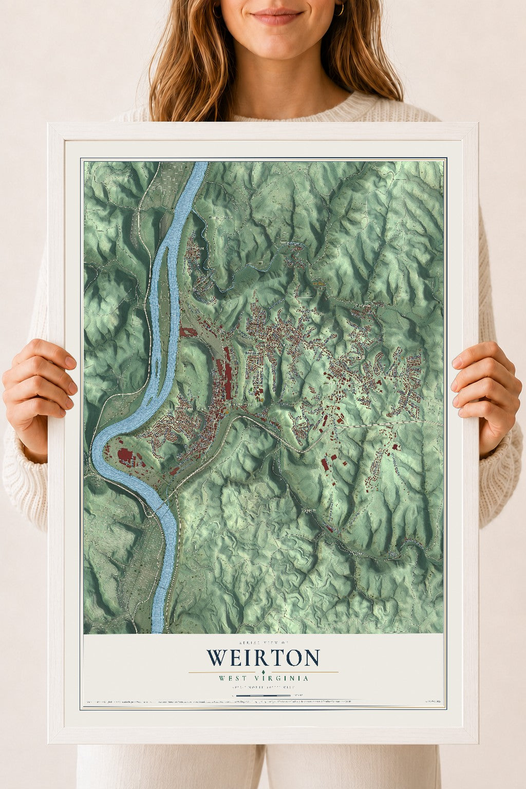 Map of Weirton, West Virginia, 18 x 24 inch print in a white wood frame