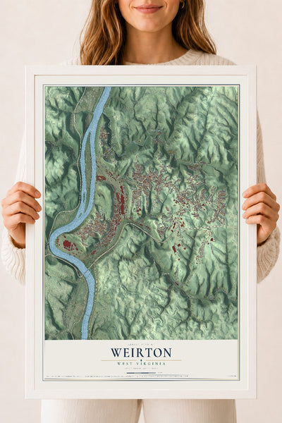 Map of Weirton, West Virginia, 18 x 24 inch print in a white wood frame