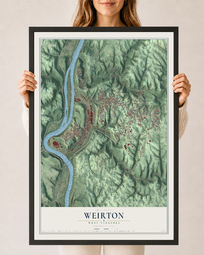 Map of Weirton, West Virginia, 24 x 36 inch print in a black wood frame