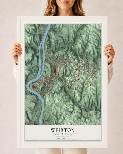 Map of Weirton, West Virginia, 24 x 36 inch print in a white wood frame