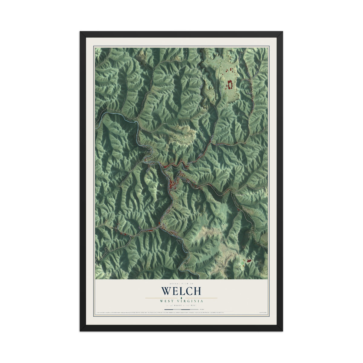 Map of Welch, West Virginia, 12 x 18 inch print in a black wood frame