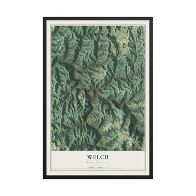 Map of Welch, West Virginia, 12 x 18 inch print in a black wood frame