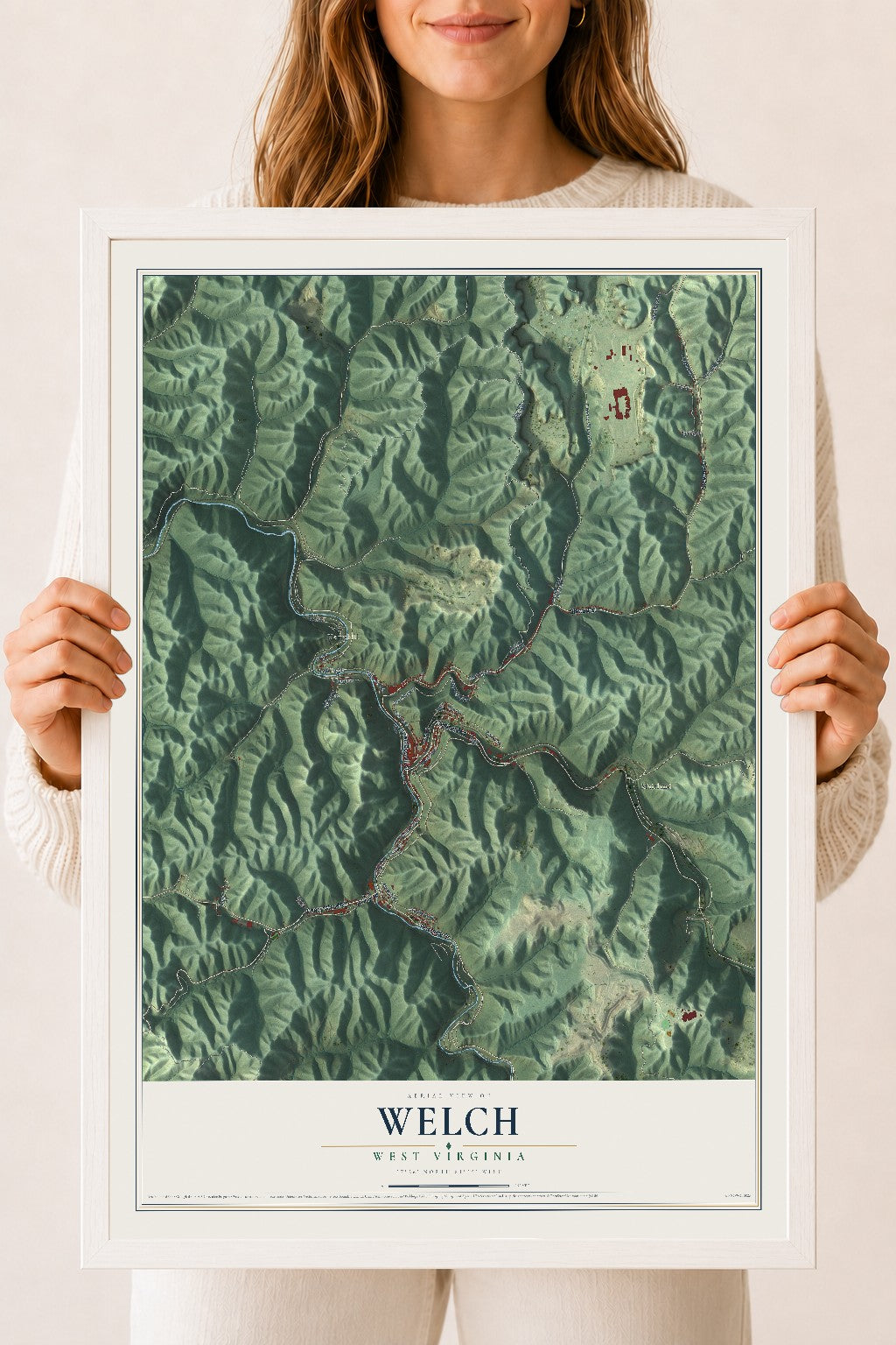 Map of Welch, West Virginia, 18 x 24 inch print in a white wood frame