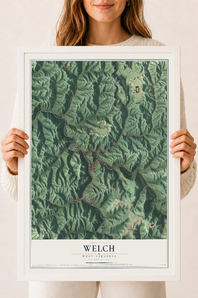 Map of Welch, West Virginia, 18 x 24 inch print in a white wood frame