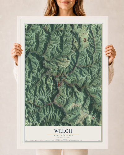 Map of Welch, West Virginia, 24 x 36 inch print in a white wood frame