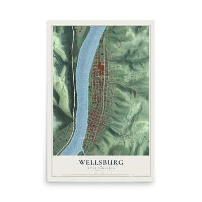 Map of Wellsburg, West Virginia, 12 x 18 inch unframed archival matte print