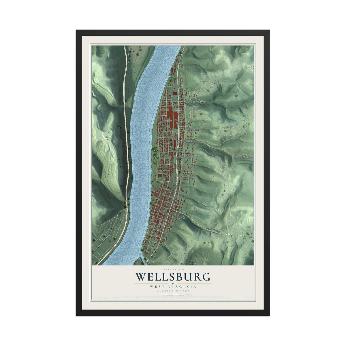 Map of Wellsburg, West Virginia, 12 x 18 inch print in a black wood frame