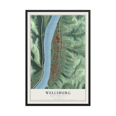 Map of Wellsburg, West Virginia, 12 x 18 inch print in a black wood frame