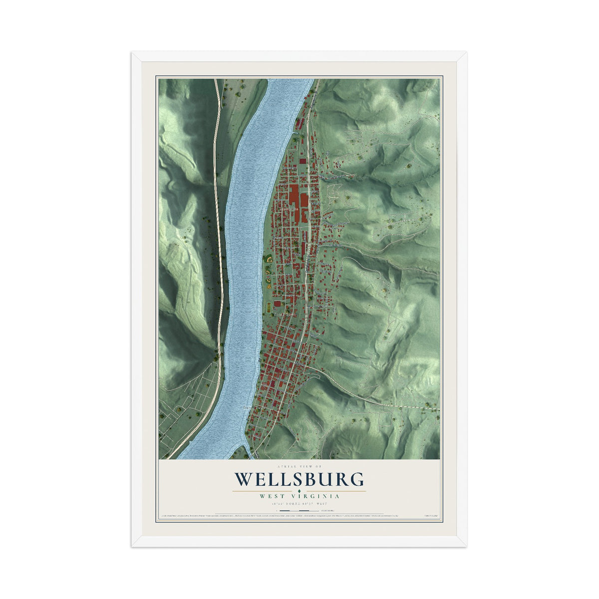 Map of Wellsburg, West Virginia, 12 x 18 inch print in a white wood frame