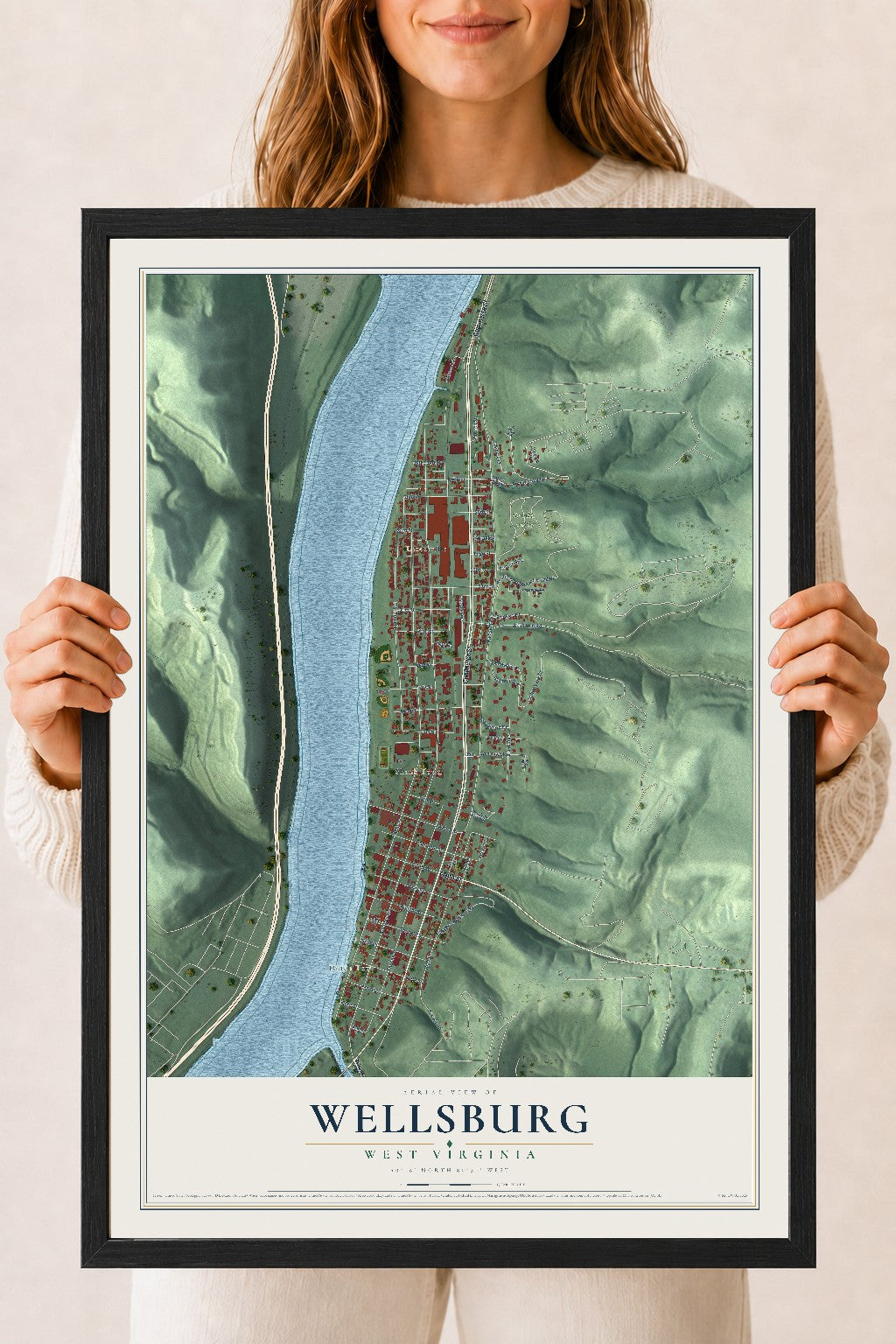 Map of Wellsburg, West Virginia, 18 x 24 inch print in a black wood frame